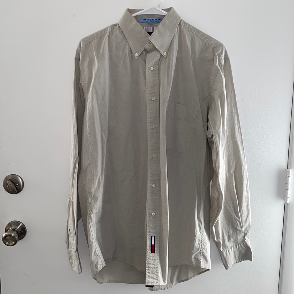Tommy Hilfiger Summer Chambray Sand or Bone Color Shirt